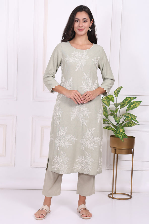 Green Floral Printed Embroidered Rayon Straight Kurta and Pants Set