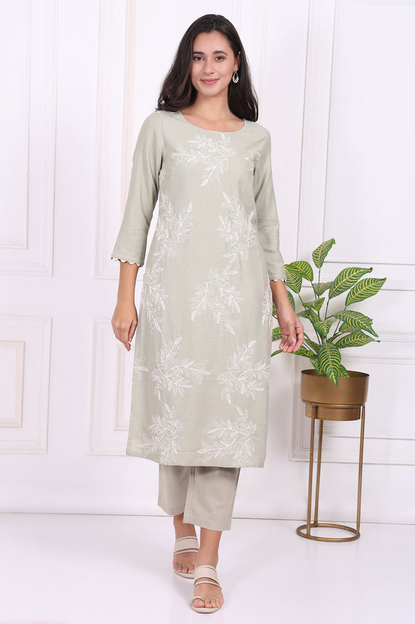 Green Floral Printed Embroidered Rayon Straight Kurta and Pants Set