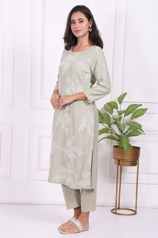 Green Floral Printed Embroidered Rayon Straight Kurta and Pants Set