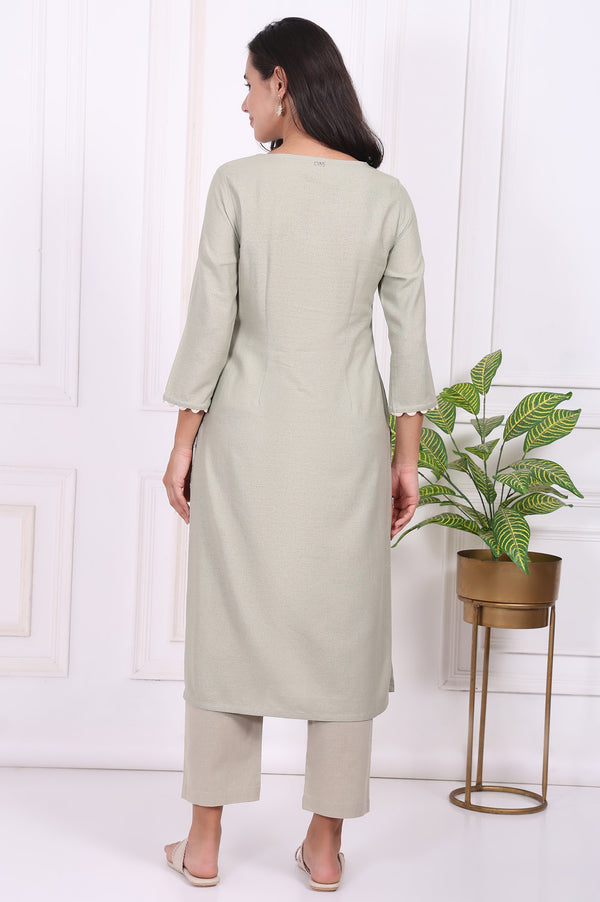 Green Floral Printed Embroidered Rayon Straight Kurta and Pants Set