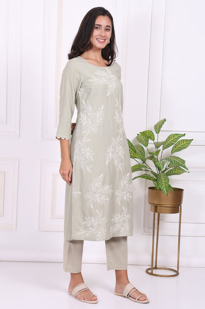 Green Floral Printed Embroidered Rayon Straight Kurta and Pants Set