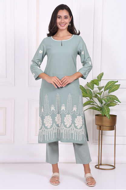 Light Green Embroidered Rayon Straight Kurta and Straight Pants Co-ord Set