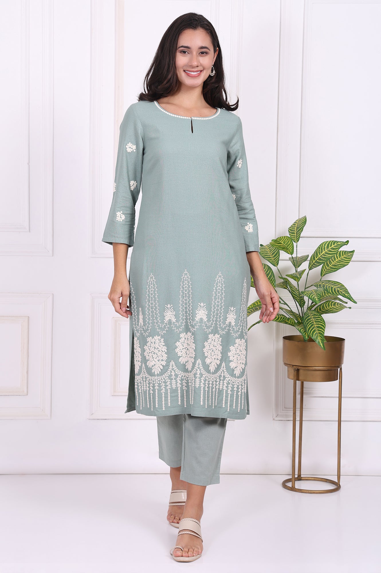 Light Green Embroidered Rayon Straight Kurta and Straight Pants Co-ord Set