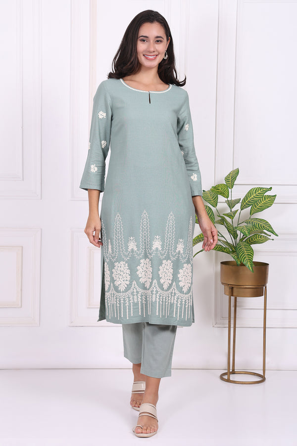 Light Green Embroidered Rayon Straight Kurta and Straight Pants Co-ord Set