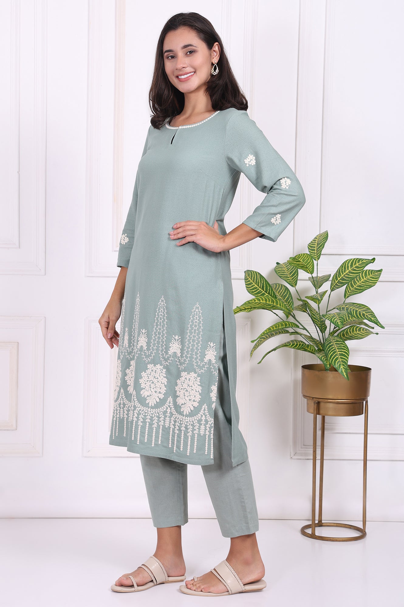 Light Green Embroidered Rayon Straight Kurta and Straight Pants Co-ord Set