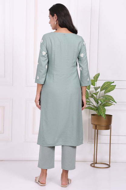 Light Green Embroidered Rayon Straight Kurta and Straight Pants Co-ord Set