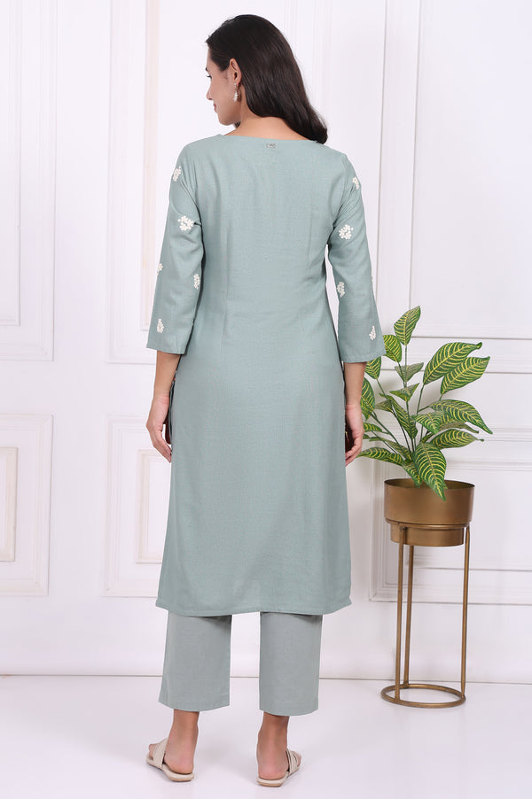 Light Green Embroidered Rayon Straight Kurta and Straight Pants Co-ord Set