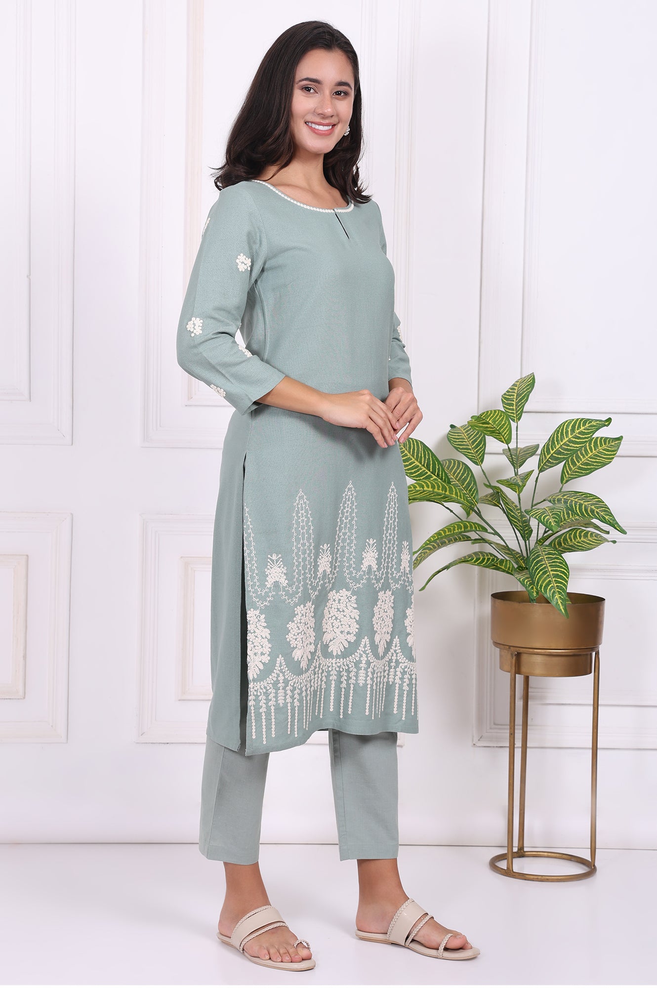 Light Green Embroidered Rayon Straight Kurta and Straight Pants Co-ord Set