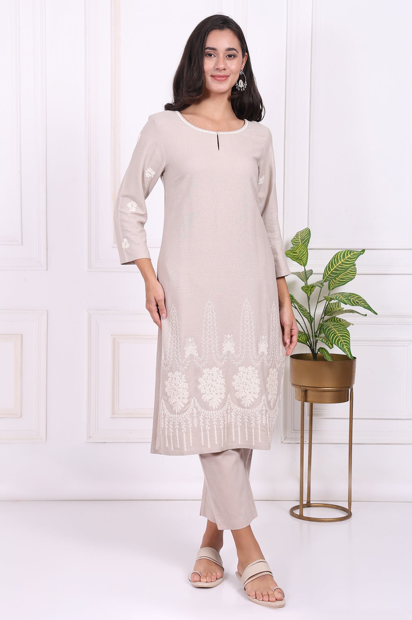 Beige Embroidered Rayon Straight Kurta and Straight Pants Co-ord Set