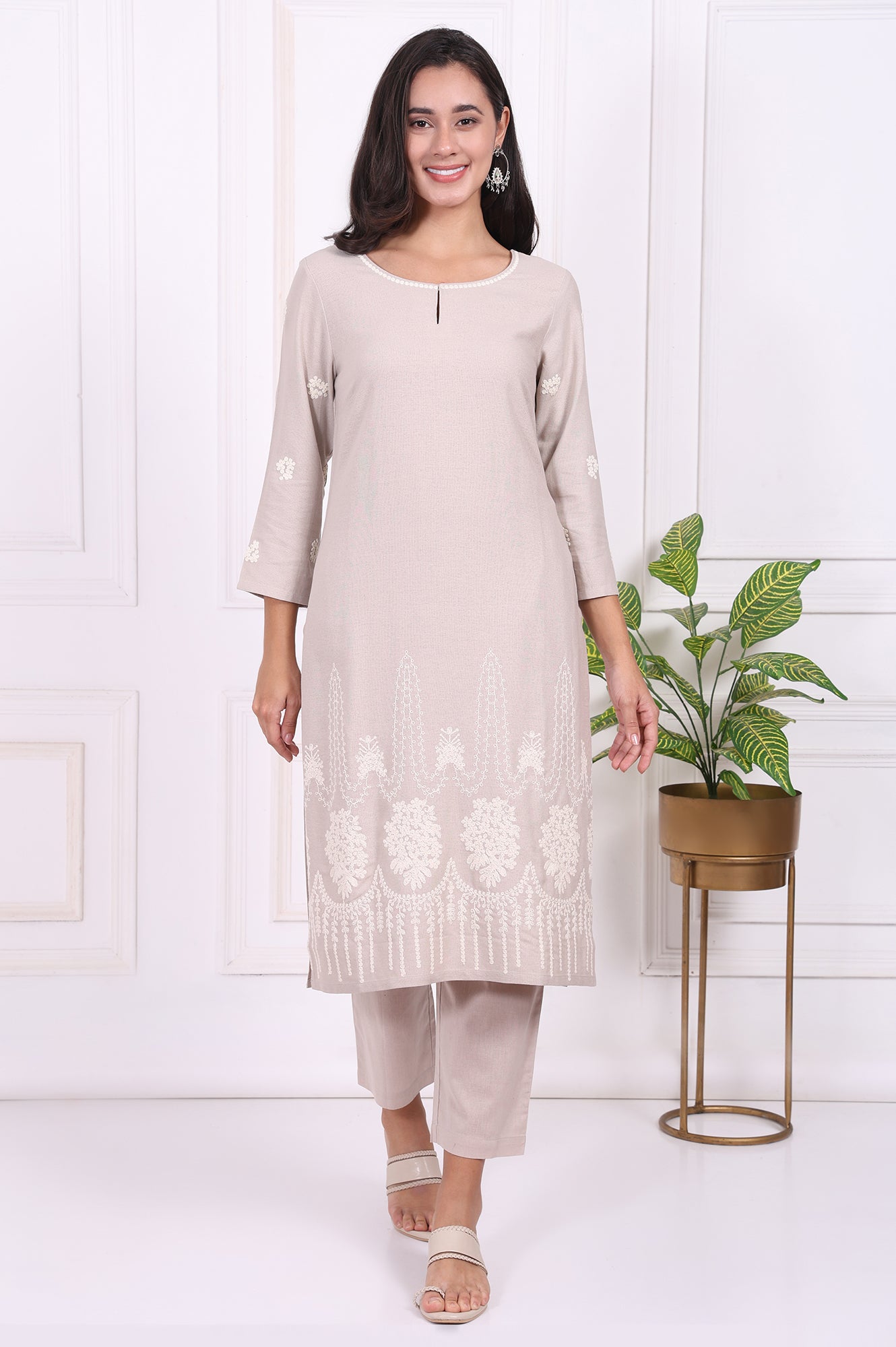 Beige Embroidered Rayon Straight Kurta and Straight Pants Co-ord Set