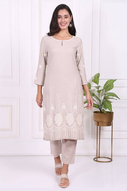 Beige Embroidered Rayon Straight Kurta and Straight Pants Co-ord Set