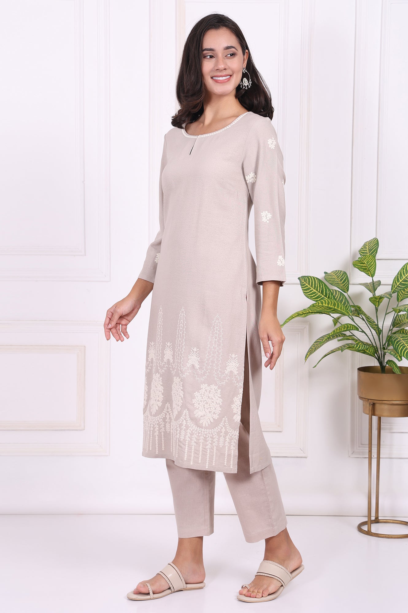 Beige Embroidered Rayon Straight Kurta and Straight Pants Co-ord Set
