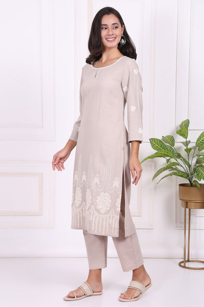 Beige Embroidered Rayon Straight Kurta and Straight Pants Co-ord Set