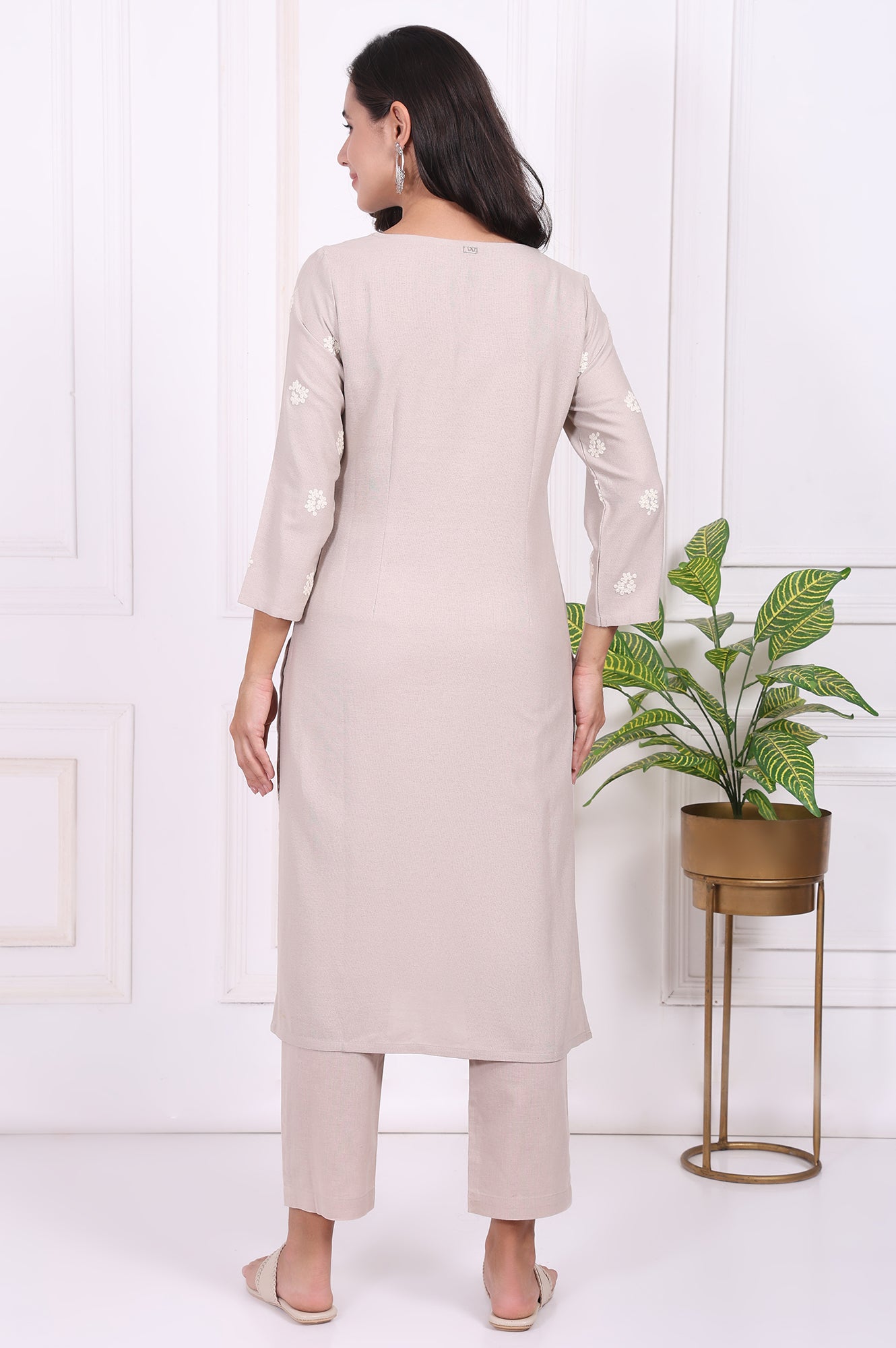 Beige Embroidered Rayon Straight Kurta and Straight Pants Co-ord Set