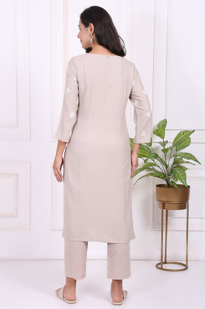 Beige Embroidered Rayon Straight Kurta and Straight Pants Co-ord Set
