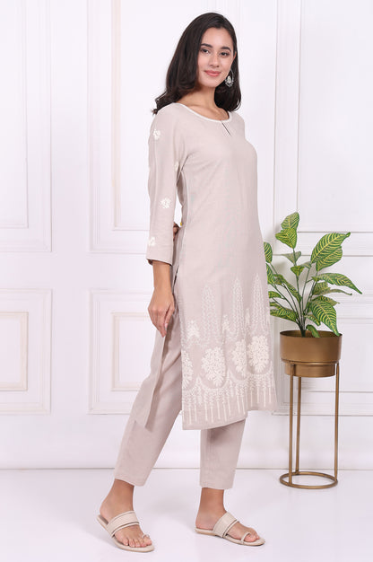Beige Embroidered Rayon Straight Kurta and Straight Pants Co-ord Set