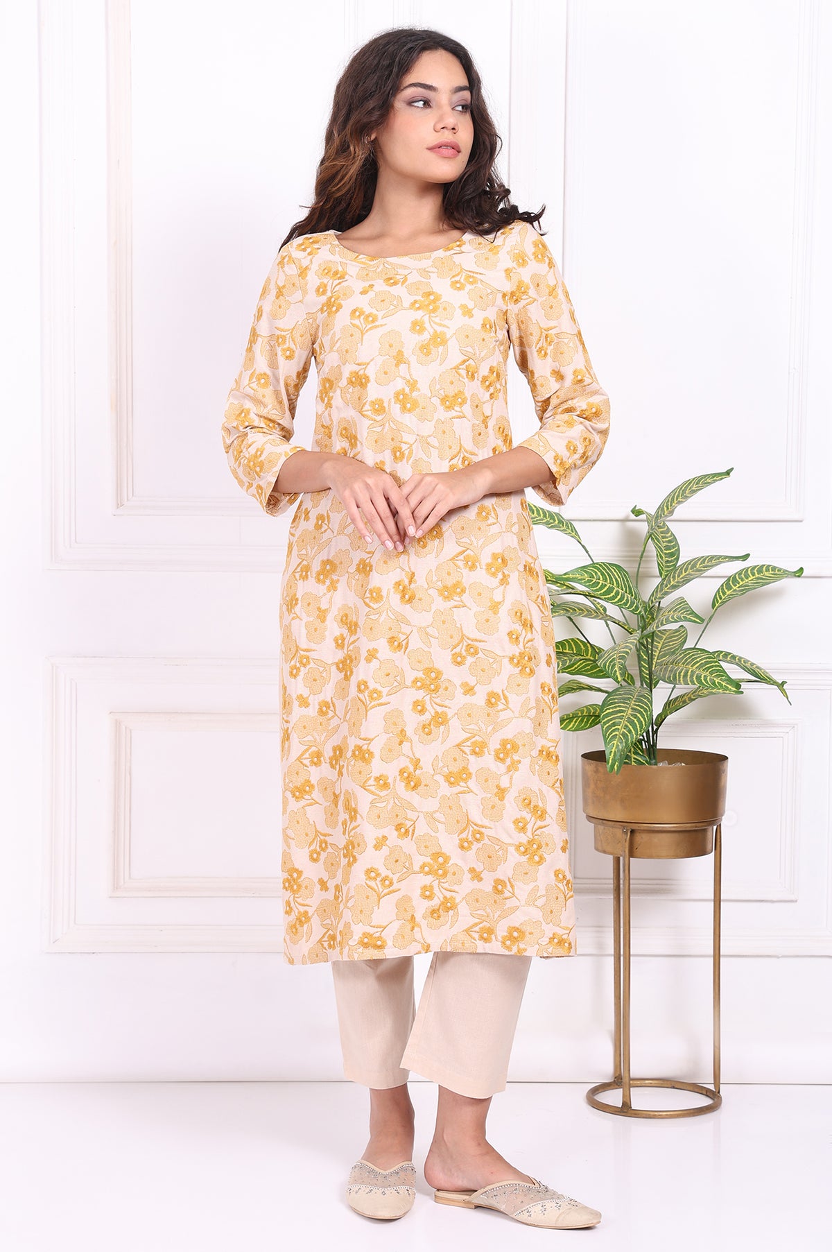 Yellow Floral Embroidered Straight Rayon Kurta and Straight Pant Set - XS