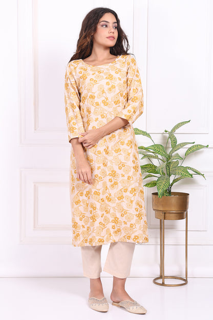 Yellow Floral Embroidered Straight Rayon Kurta and Straight Pant Set
