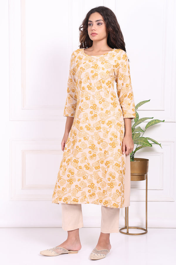 Yellow Floral Embroidered Straight Rayon Kurta and Straight Pant Set