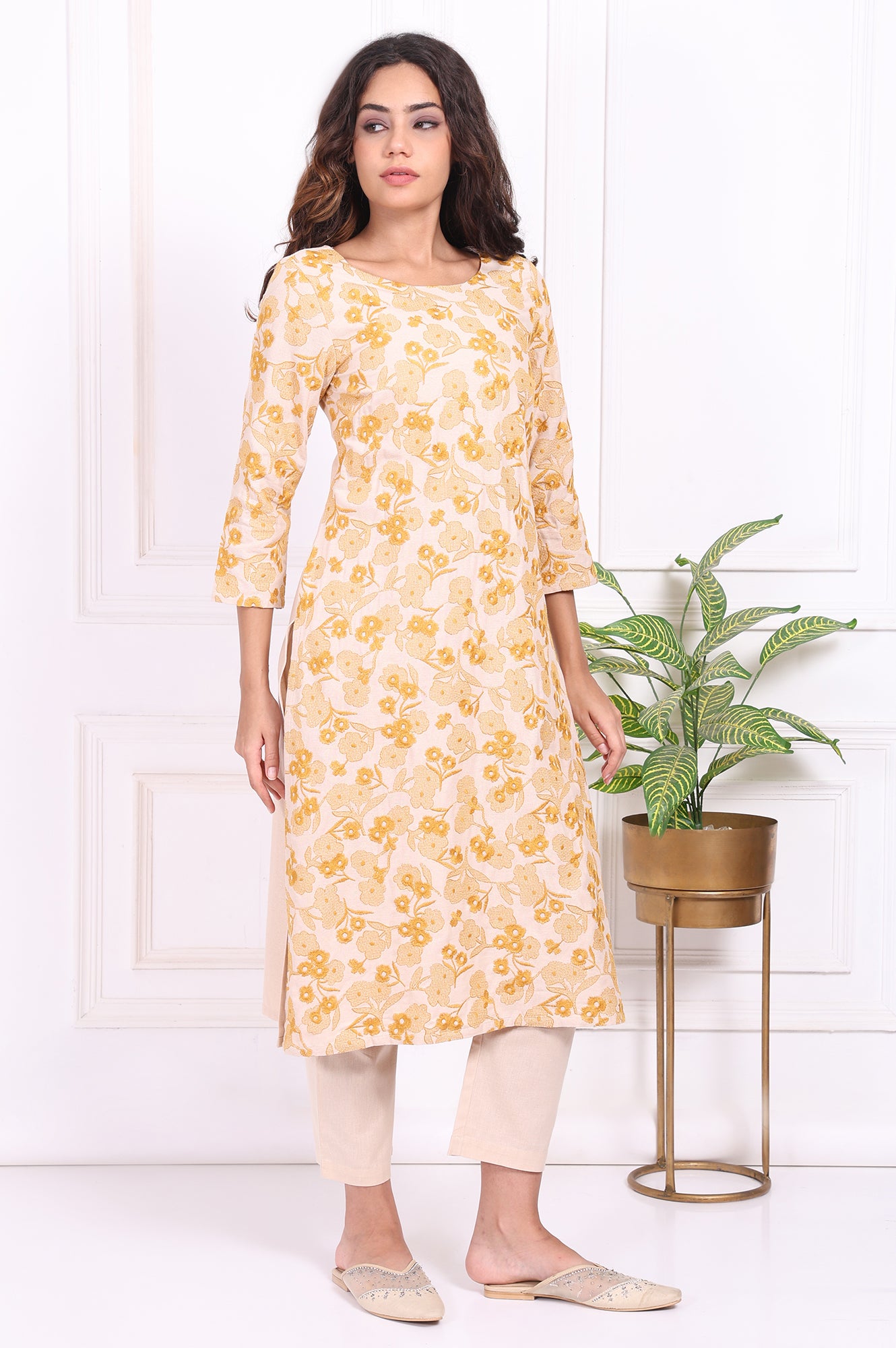 Yellow Floral Embroidered Straight Rayon Kurta and Straight Pant Set