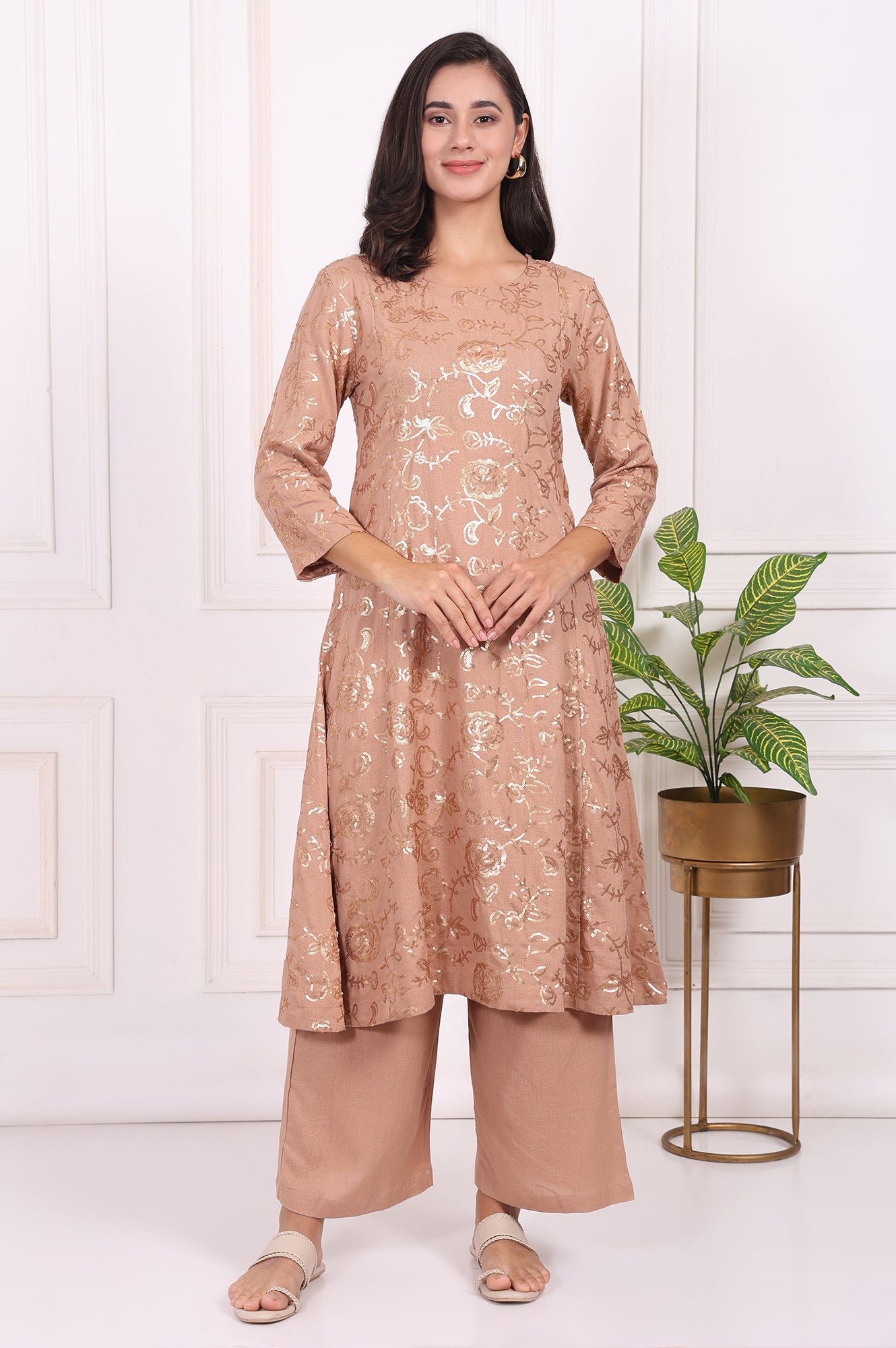 Brown Floral Printed Sequins Straight Rayon Kurta with Flared Pants Set