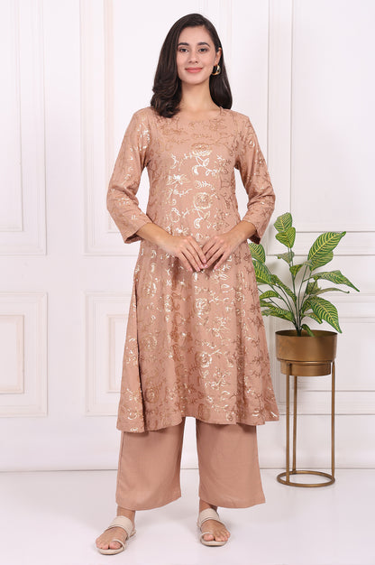 Brown Floral Printed Sequins Straight Rayon Kurta with Flared Pants Set
