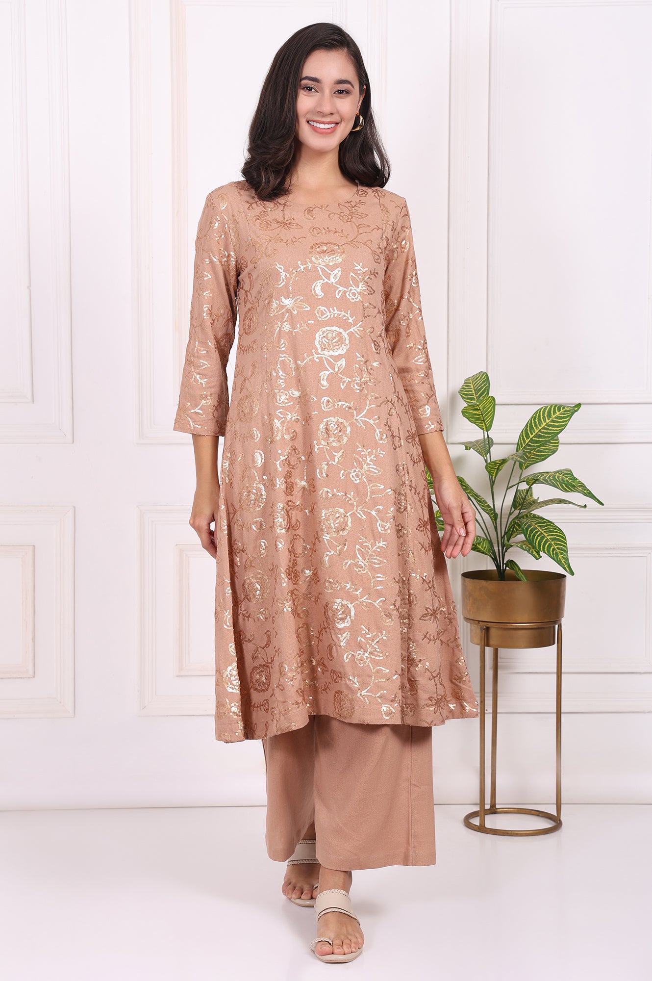 Brown Floral Printed Sequins Straight Rayon Kurta with Flared Pants Set