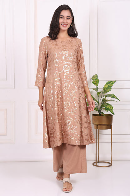 Brown Floral Printed Sequins Straight Rayon Kurta with Flared Pants Set