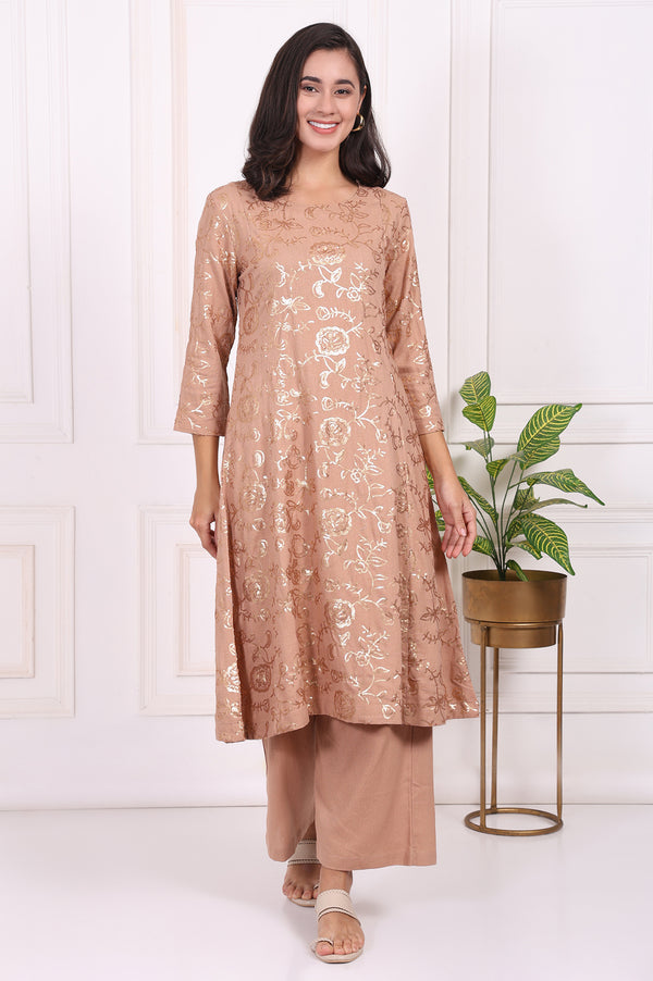 Brown Floral Printed Sequins Straight Rayon Kurta with Flared Pants Set