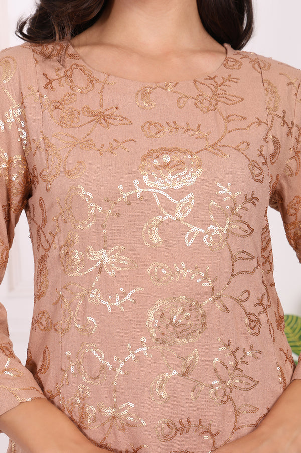 Brown Floral Printed Sequins Straight Rayon Kurta with Flared Pants Set