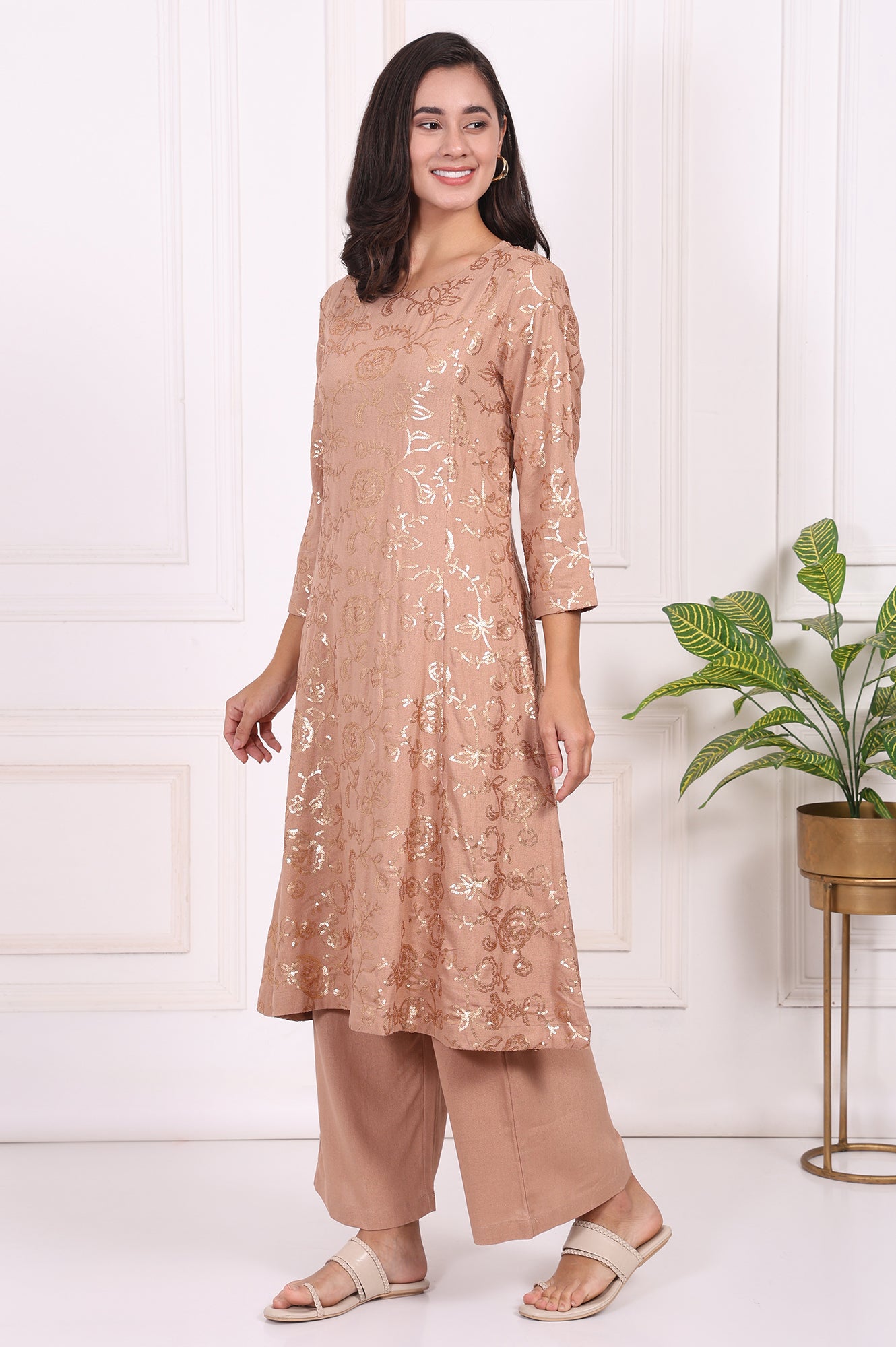 Brown Floral Printed Sequins Straight Rayon Kurta with Flared Pants Set