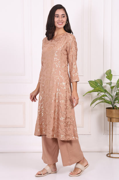 Brown Floral Printed Sequins Straight Rayon Kurta with Flared Pants Set
