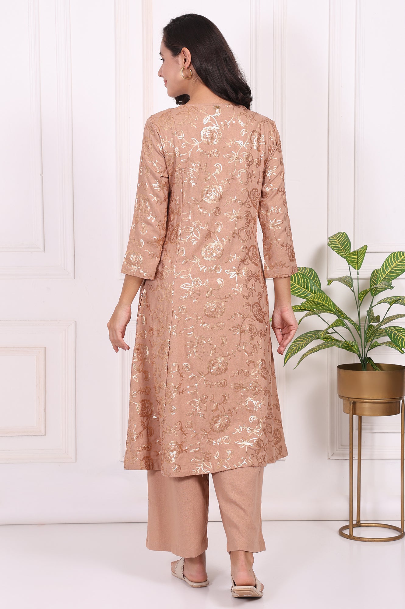 Brown Floral Printed Sequins Straight Rayon Kurta with Flared Pants Set