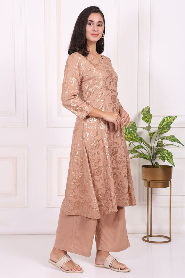 Brown Floral Printed Sequins Straight Rayon Kurta with Flared Pants Set