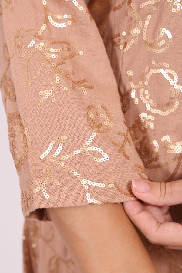 Brown Floral Printed Sequins Straight Rayon Kurta with Flared Pants Set