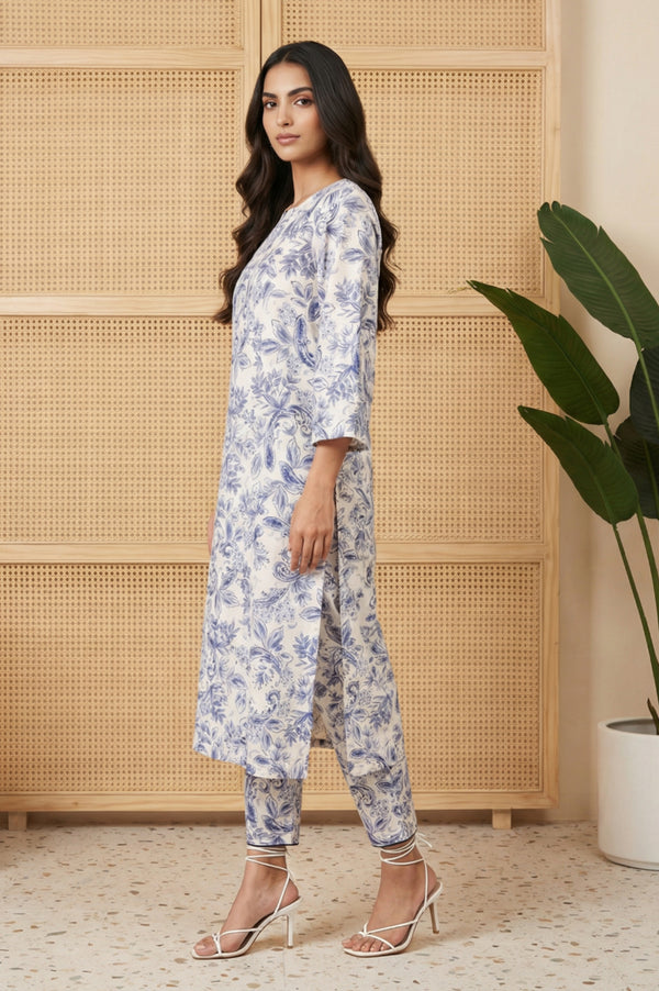 Blue Floral Printed Straight Kurta and Pants Set
