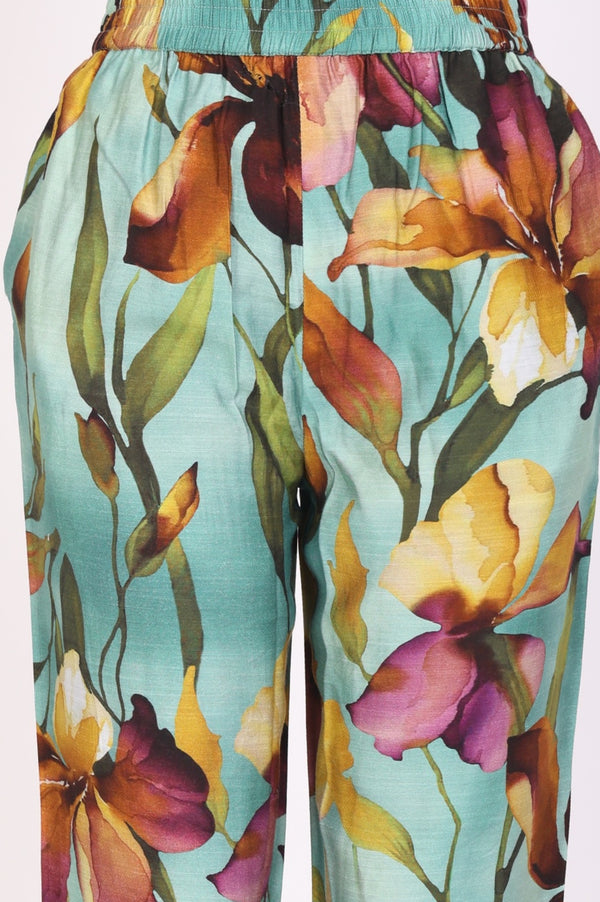 Turquoise Blue Floral Printed Straight Kurta with Pants Co-ord Set