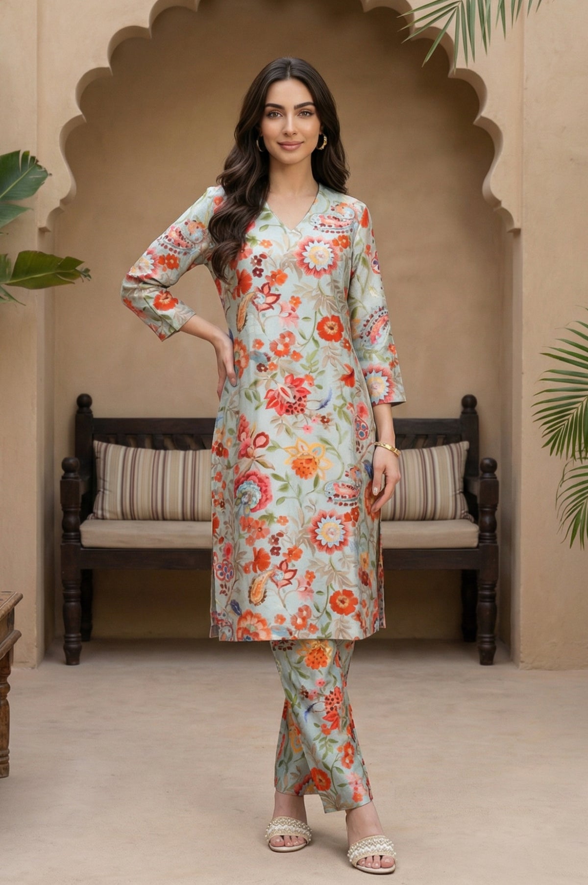 Light Blue Floral Printed Straight Kurta with Pants Set - XS
