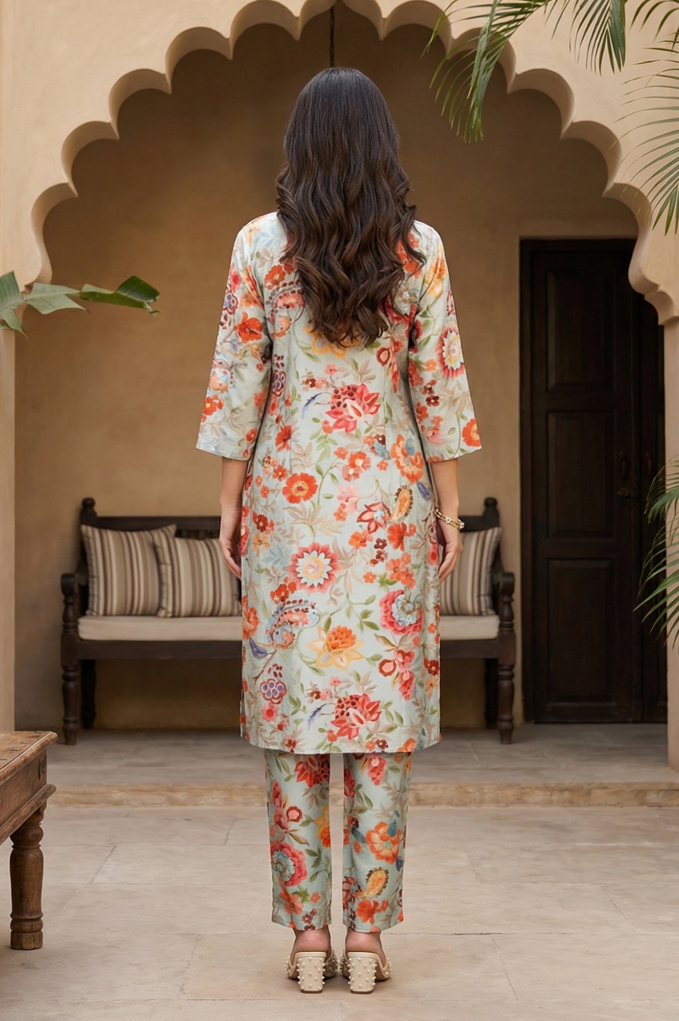 Light Blue Floral Printed Straight Kurta with Pants Set