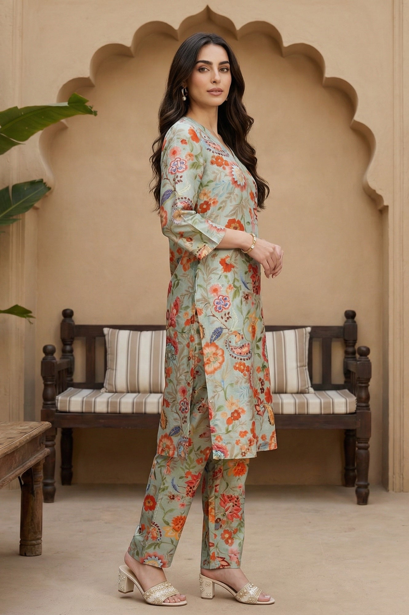 Light Blue Floral Printed Straight Kurta with Pants Set