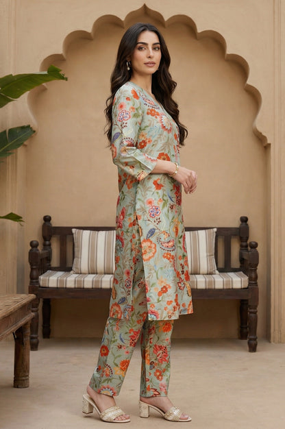 Light Blue Floral Printed Straight Kurta with Pants Set