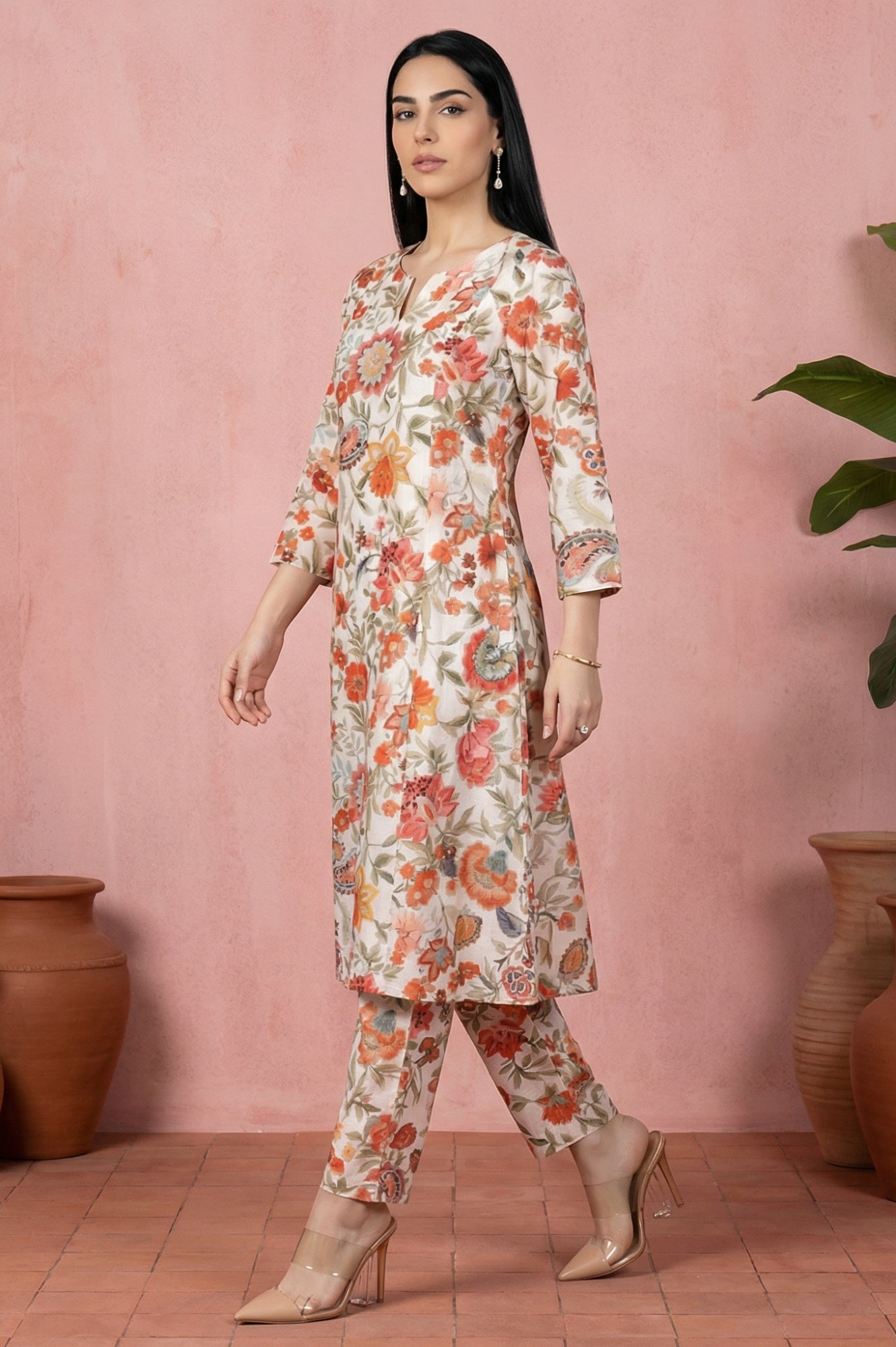 White Floral Printed Straight Kurta with Pant Co-ord Set