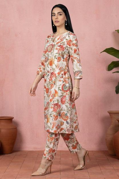 White Floral Printed Straight Kurta with Pant Co-ord Set