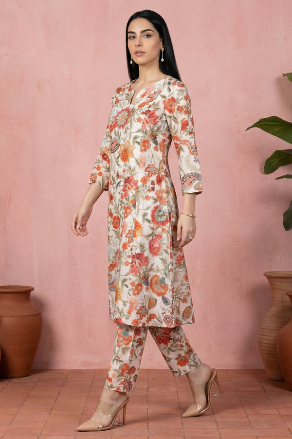White Floral Printed Straight Kurta with Pant Co-ord Set