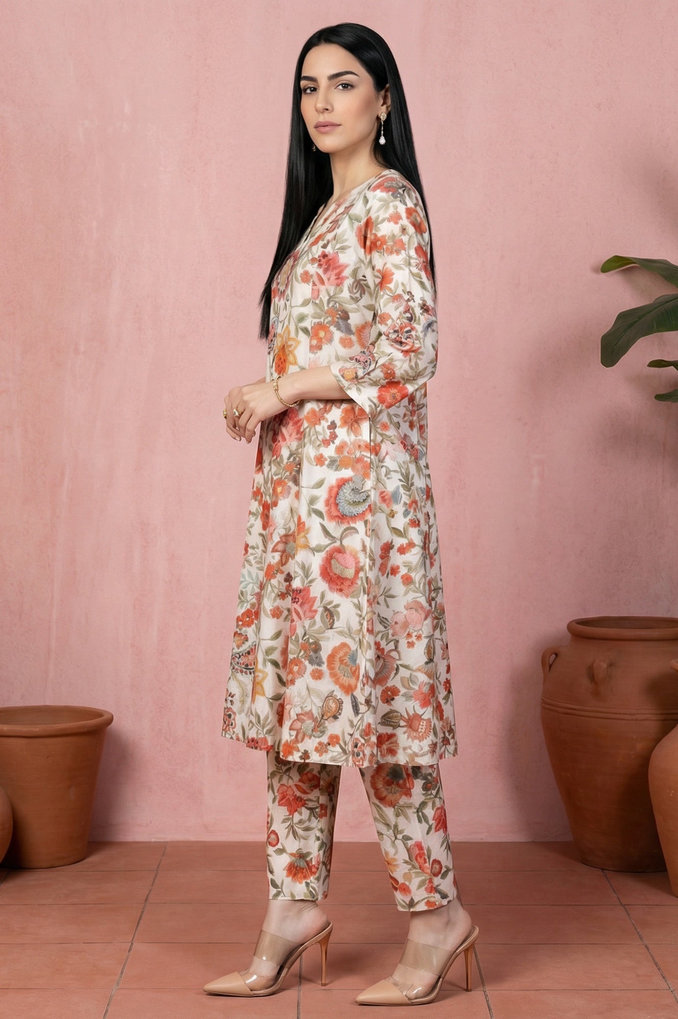 White Floral Printed Straight Kurta with Pant Co-ord Set