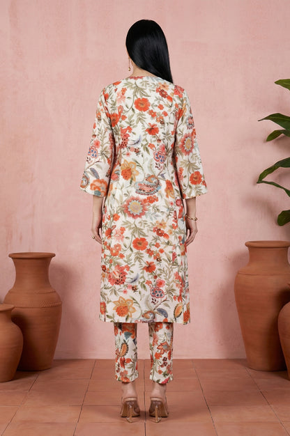 White Floral Printed Straight Kurta with Pant Co-ord Set