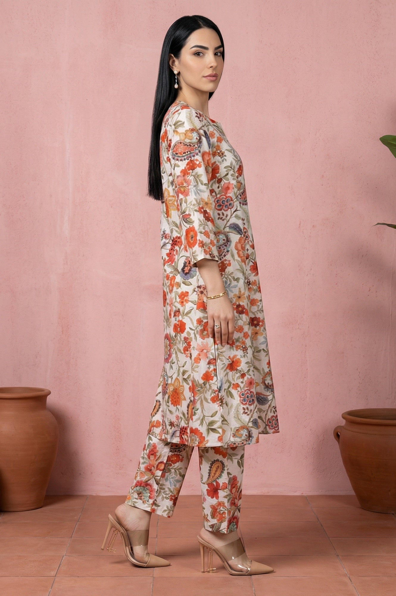 White Floral Printed Straight Kurta with Pant Co-ord Set