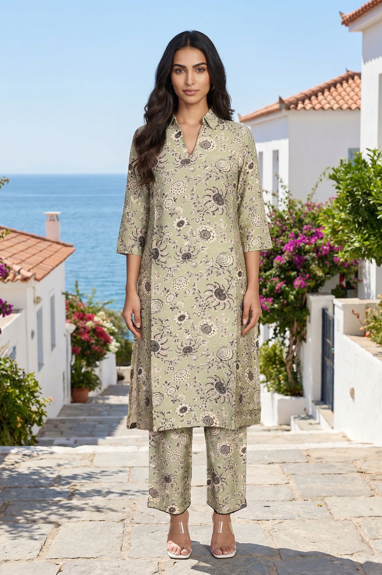 Green Floral Printed Straight Kurta with Pants Set