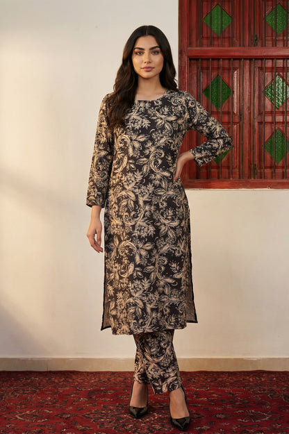 Black Floral Printed Straight Kurta with Pants Co-ord Set