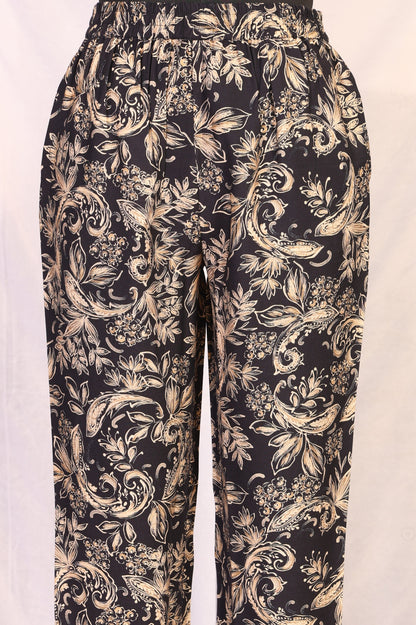 Black Floral Printed Straight Kurta with Pants Co-ord Set